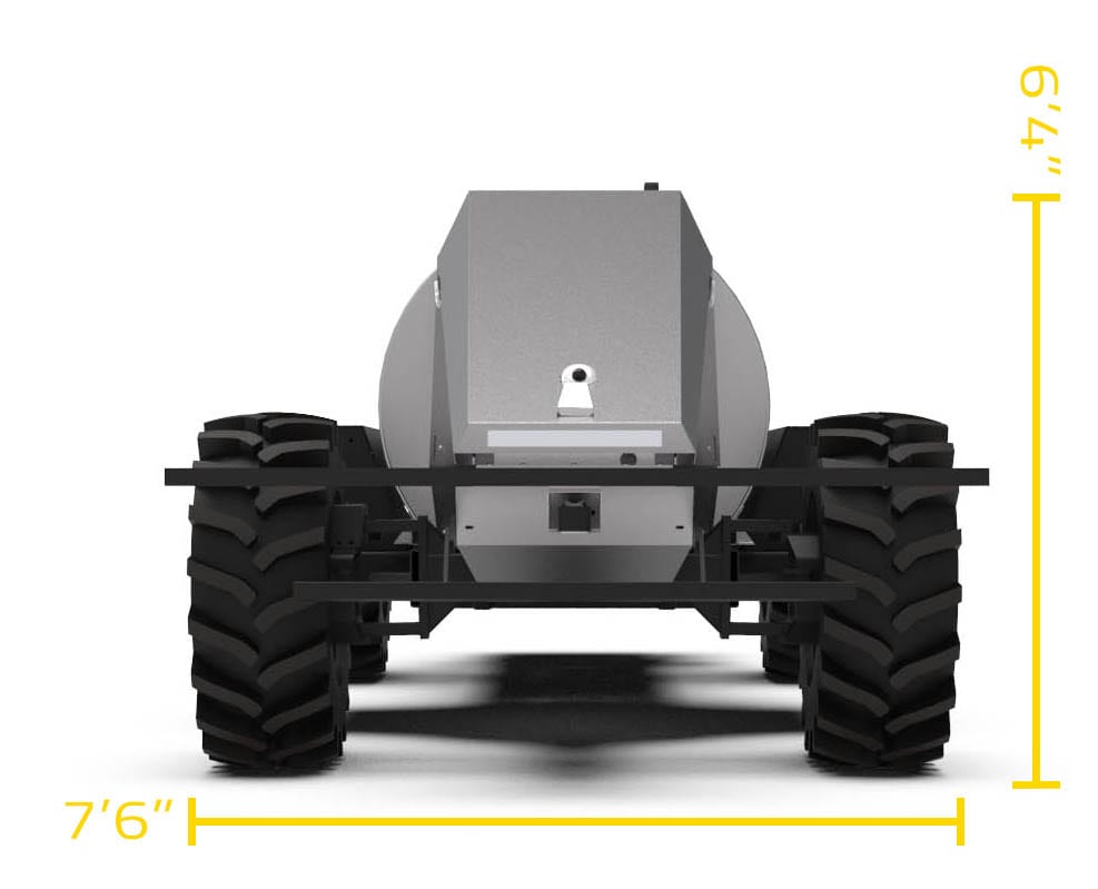 GUSS autonomous sprayer. 6 feet 4 inches tall, 7 feet 6 inches wide narrow option.