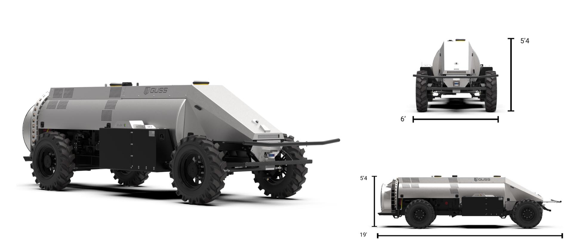 Mini GUSS autonomous sprayer. 5 feet 4 inches tall, 19 feet long, 6 feet wide.