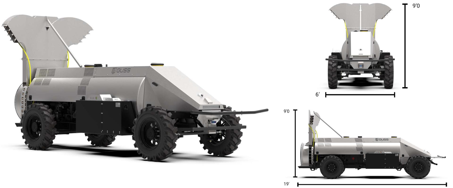 Mini GUSS autonomous sprayer with vineyard tower. 9 feet tall, 19 feet long, 6 feet wide.