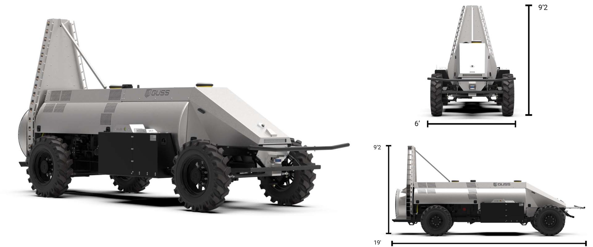 Mini GUSS autonomous sprayer with apple tower. 9 feet 2 inches tall, 19 feet long, 6 feet wide.