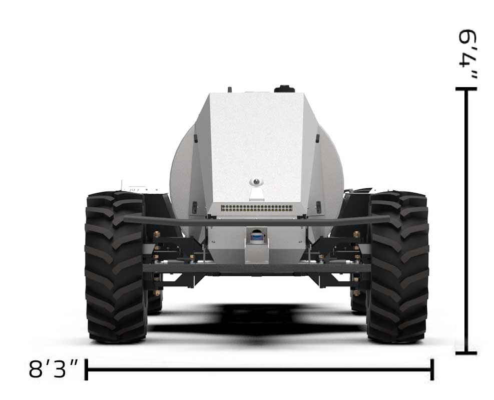 GUSS autonomous sprayer. 6 feet 4 inches tall, 8 feet 3 inches wide.